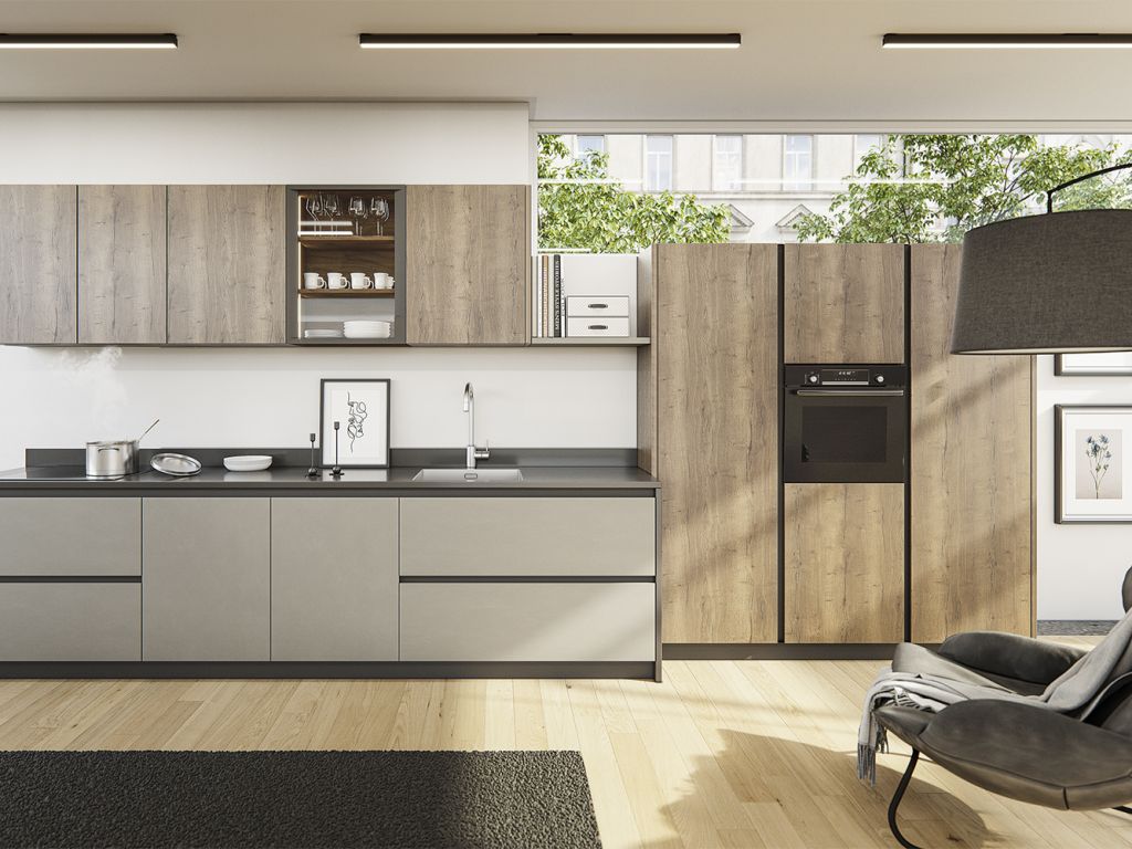 Laminado Roble Tabaco 745 con Polilaminado Gris 316