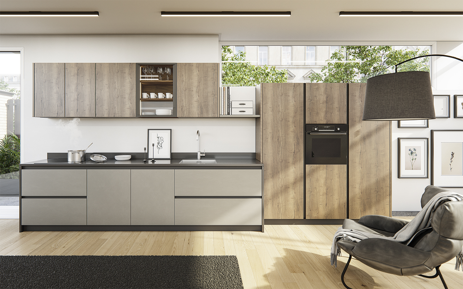 Laminado Roble Tabaco 745 con Polilaminado Gris 316